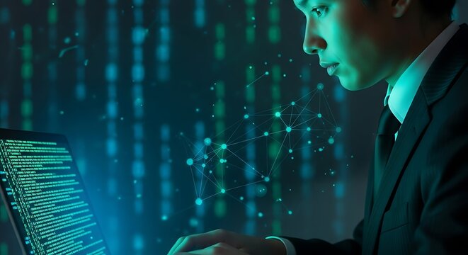 Focused Businessman Engaged in Digital Data Analysis on Laptop, Surrounded by Futuristic Binary Code and Network Connections