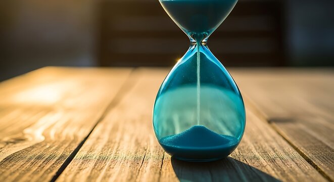 Elegant Teal Sand Hourglass on Rustic Wooden Table, Illuminated by Warm Light, Symbolizing Time's Continuous Flow and Urgency