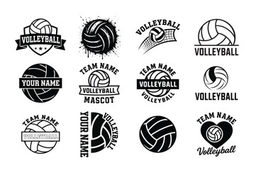 Volleyball Team Logo Bundle, Mascot Emblems, Sports Ball Vector Set