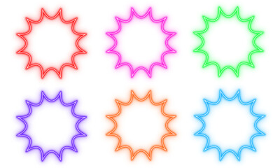 Stars bubble outline neon light frame, set of colorful shaped object elements isolated on white background