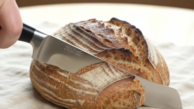 Knife slicing fresh loaf of bread on a white linen surface, perfect for food imagery