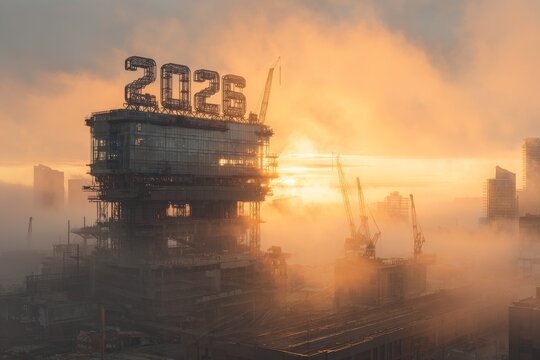 Construction site at sunrise with the year 2026 displayed in lights on a high-rise building in a foggy urban landscape
