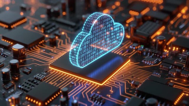 Close up view of a computer circuit board with glowing orange lines and various components visible