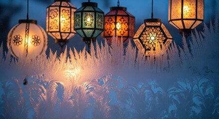 Beautiful illuminated lanterns hanging in front of frosty window