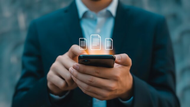 Businessman using smartphone with digital trash bin icon and deleting files representing data management cybersecurity privacy storage cleanup document removal and information security concept. file