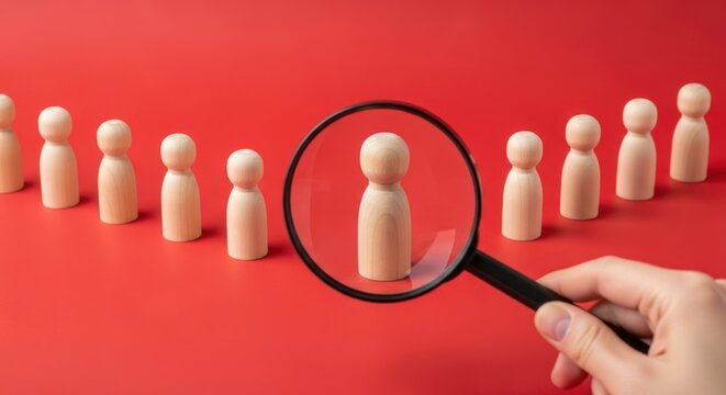 Hand holds magnifying glass over wooden figures on red background. - Powered by Adobe