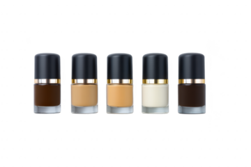 Nail polish bottles in various neutral shades including brown beige tan cream and dark brown arranged in row on transparency background modern and minimalistic style