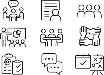 Business Meeting, Teamwork, and Training Line Icons Set