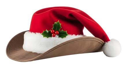 Festive red and brown cowboy hat adorned with holly berries and white trim, perfect for holiday celebrations and Western-themed Christmas events