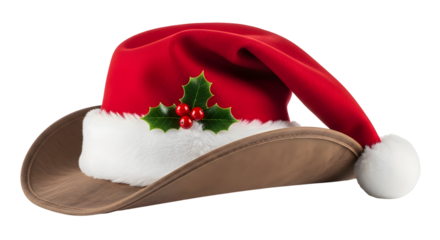 Festive red and brown cowboy hat adorned with holly berries and white trim, perfect for holiday celebrations and Western-themed Christmas events