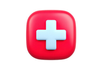Obraz premium Red square icon with rounded corners featuring white medical cross symbol in center, representing healthcare, emergency, or first aid concepts