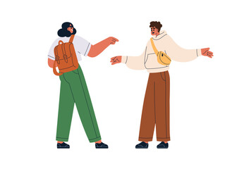 Conversation, emotional communication between confused man and woman accusing, blaming, pointing with finger gesture. Dialogue, misunderstanding. Flat vector illustration isolated on white background.