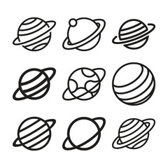 Hand drawn collection of planets with rings and stripes