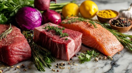 Fresh Cuts of Beef and Salmon with Colorful Vegetables on Marble Surface, Perfect for Culinary and Food Photography Projects