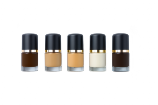 Nail polish bottles in various neutral shades including brown beige tan cream and dark brown arranged in row on transparency background modern and minimalistic style