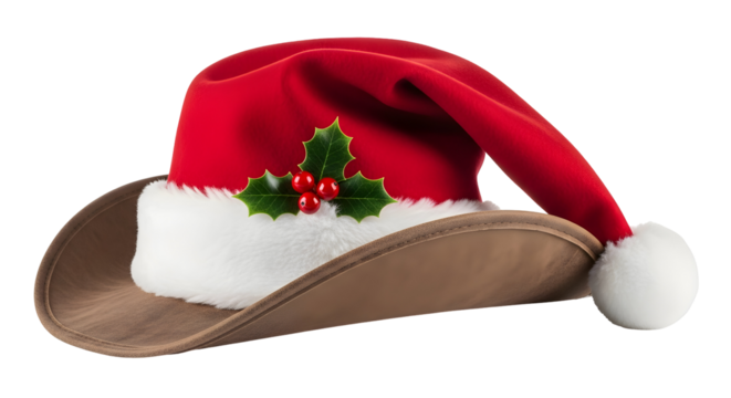 Festive red and brown cowboy hat adorned with holly berries and white trim, perfect for holiday celebrations and Western-themed Christmas events