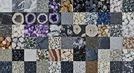 A diverse collage showcasing a grid pattern of various rocks, minerals, and stones, creating a colorful and textured geological background
