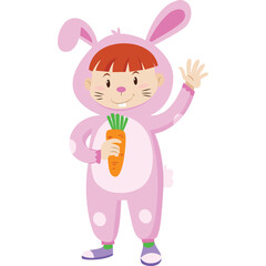 Adorable Cartoon Child Dressed in a Pink Bunny Costume Holding a Carrot Waving Hello Isolated on Transparent Background