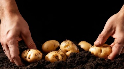 Farmer in gloves harvesting a bountiful crop of organic potatoes from rich dark soil, showcasing sustainable farming, homegrown produce and seasonal hard work in the field - Powered by Adobe