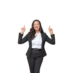  Portrait of a smiling young business woman pointing up , isolated on free png background.
