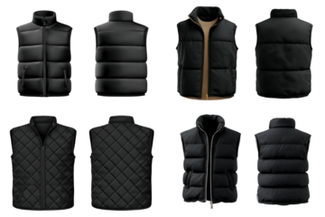 Black puffer vest mockup, front and back view, sleeveless jacket. Isolated on transparent background, png