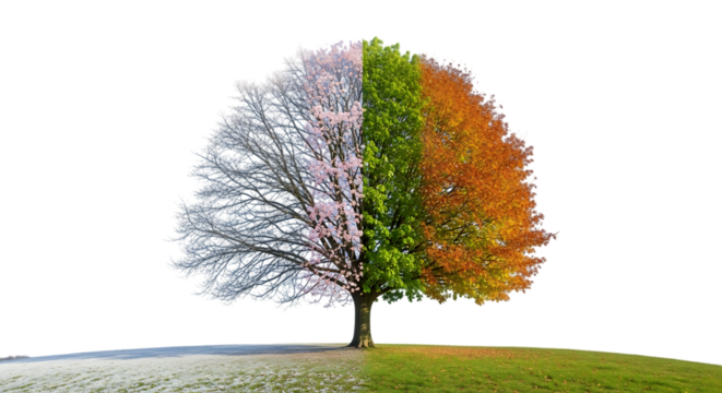 One tree depicting all four seasons: winter snow, spring blossoms, summer green, and autumn foliage, isolated for versatile design projects