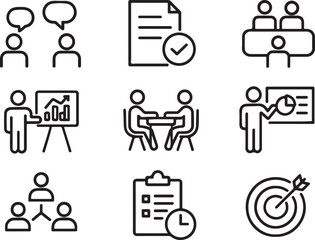 Business Strategy, Presentation, and Team Goal Line Icons Set