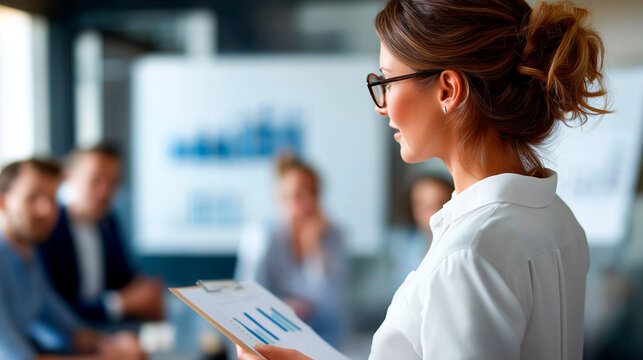 Faceless laboratory director presenting budget charts at whiteboard defocused research team seated in background grant funding allocation resource management meeting scientific