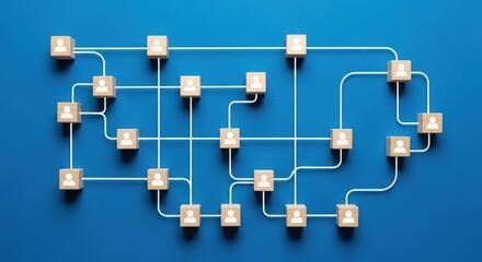 Wooden blocks with person icons connected by white lines on blue.