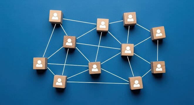 Wooden blocks with person icons connected by white lines on blue.