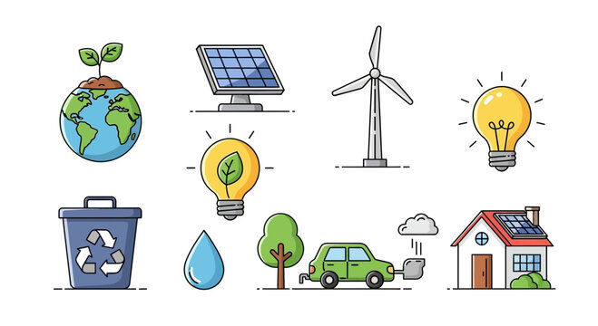 Vibrant environmental sustainability icons representing clean energy and eco-friendly practices
