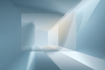 Fototapeta premium Soft blue light fills a modern geometric space with sharp angles and a sense of depth, creating a calm and serene atmosphere