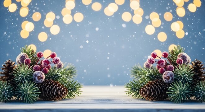 Festive christmas arrangement with pine cones and berries and bokeh lights