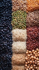 Variety of Legumes and Grains Arranged Neatly on a Surface for Healthy Cooking. Details matter.