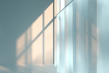 Fototapeta premium Soft light streaming through large windows creates gentle shadows on a serene interior wall