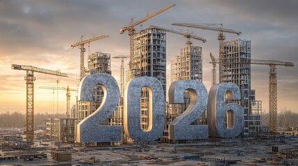 Large concrete numbers stand prominently at a construction site in preparation for urban development in 2026 during dusk with cranes in the background