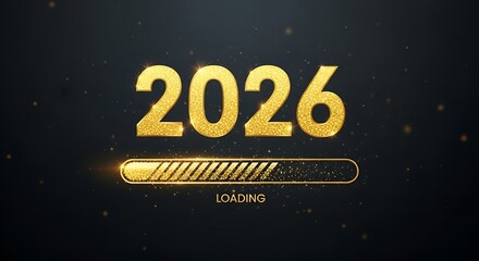 Golden 2026 loading bar with sparkling particles on dark background