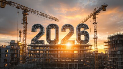 Construction site displays large 2026 sign as sunset creates a dramatic sky in the background with cranes and buildings around