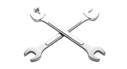 Two gleaming chrome-plated combination wrenches crossed, depicting industrial engineering, repair, and vital maintenance.