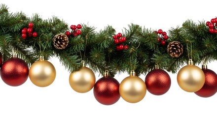 Festive christmas garland with red and gold ornaments and pinecones