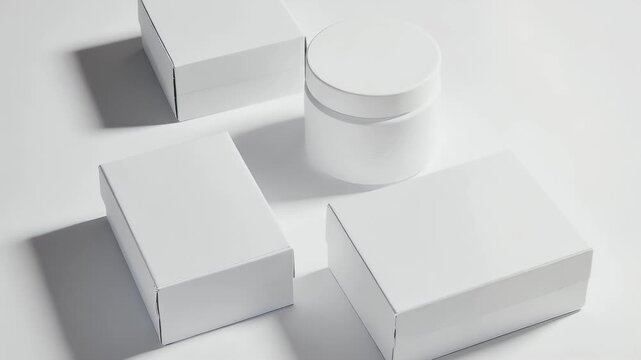 Arrangement of three white boxes and a jar on a stark white surface, bathed in soft light, casting subtle shadows