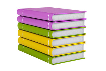 Stack of colorful hardcover books with purple, green, and yellow covers, isolated on transparency background, representing education, knowledge, and learning resources