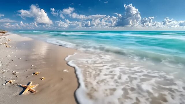 Tranquil coastal scene turquoise water white sand and blue sky