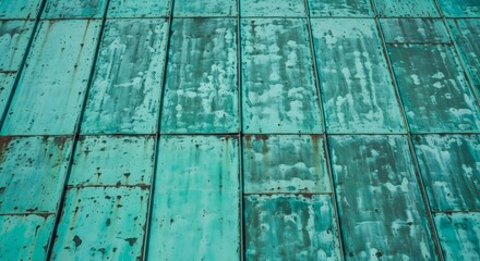 Abstract background of weathered turquoise copper plating showing a natural green verdigris patina on an old building roof
