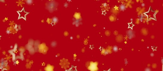 Christmas background with golden stars and snowflakes on red. Perfect for holiday design, greetings, or promotions. Festive and celebratory.