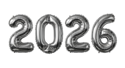 Bright silver metallic foil balloon numbers spelling out 2026, perfect for new year, events, and future concepts.