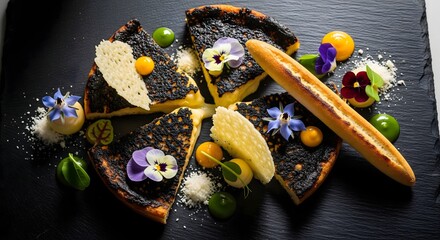 Artfully plated gourmet dessert featuring rich dark-crusted slices, vibrant edible flower garnishes, and sweet-sour fruit accents for a refined culinary experience