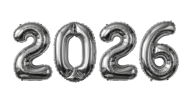 Bright silver metallic foil balloon numbers spelling out 2026, perfect for new year, events, and future concepts.