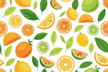 Seamless Lemon Pattern with Blue Ribbon and Leaves – Citrus Fruit Decorative Design