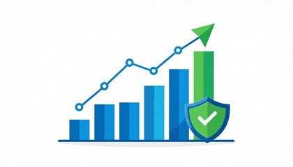 Stylized graphic of data growth and security with bar chart, line graph, and shield checkmark icon in blue tones. Symbol of analytics and protection.